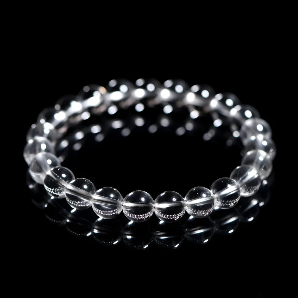 Natural Donghai white crystal bracelet with round water beads on a wrist, showing geometrical unisex design.