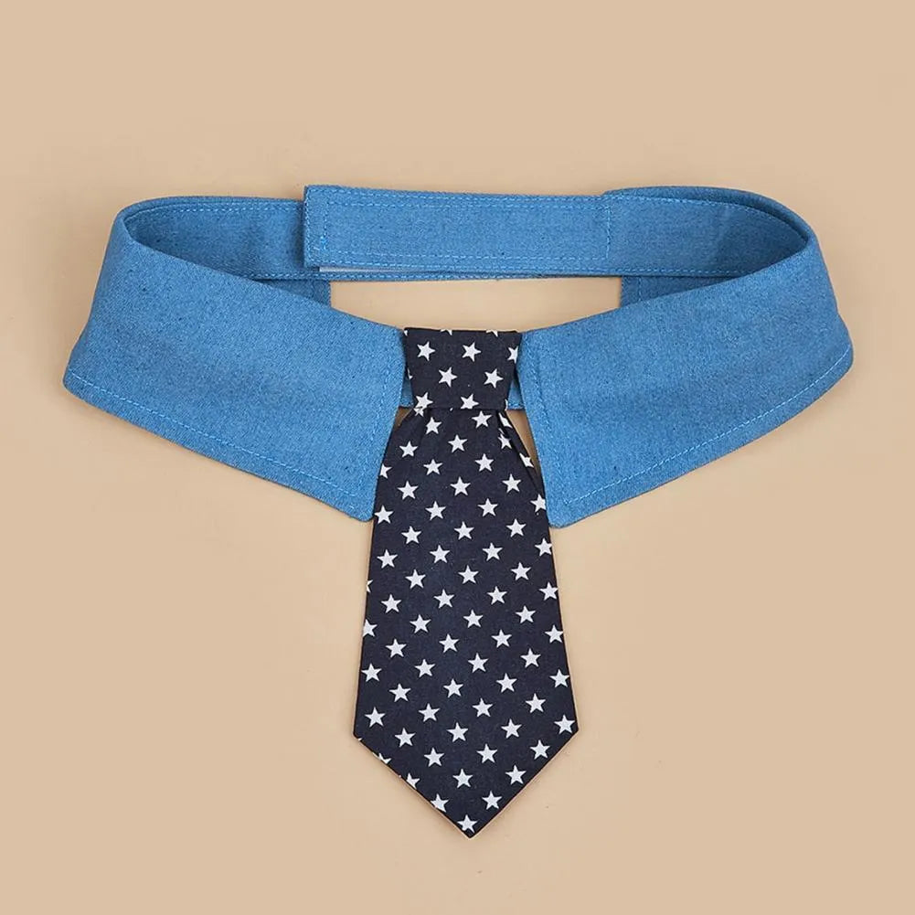 Denim dog collar with star pattern necktie adjustable for formal pet events