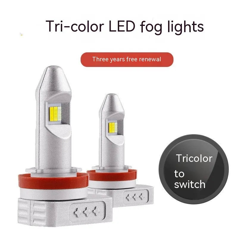 Universal three-colour LED fog lamp bulb with aluminium housing for cars, motorcycles and trucks.