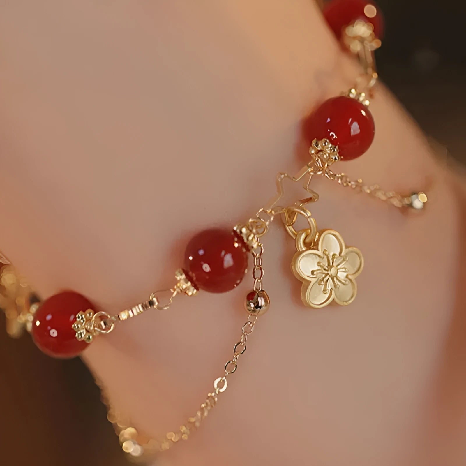Red agate double layer bracelet with floral motifs for women's ethnic jewellery