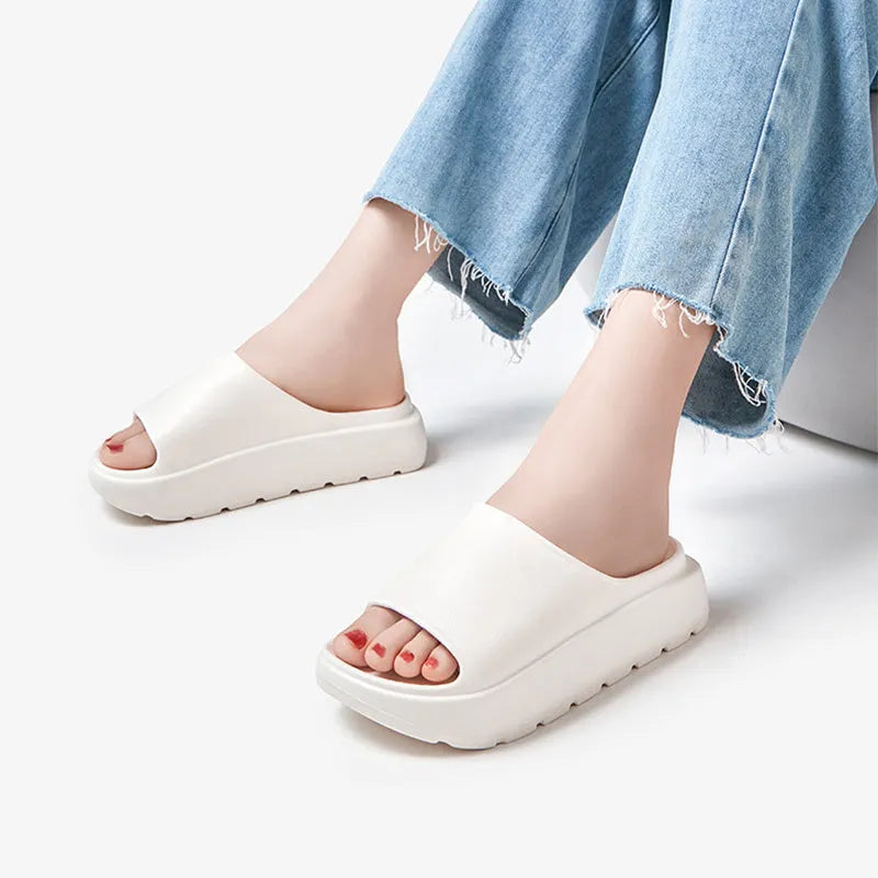 Women's thick sole beach slippers with fish mouth design in beige, black, khaki or rose red colours