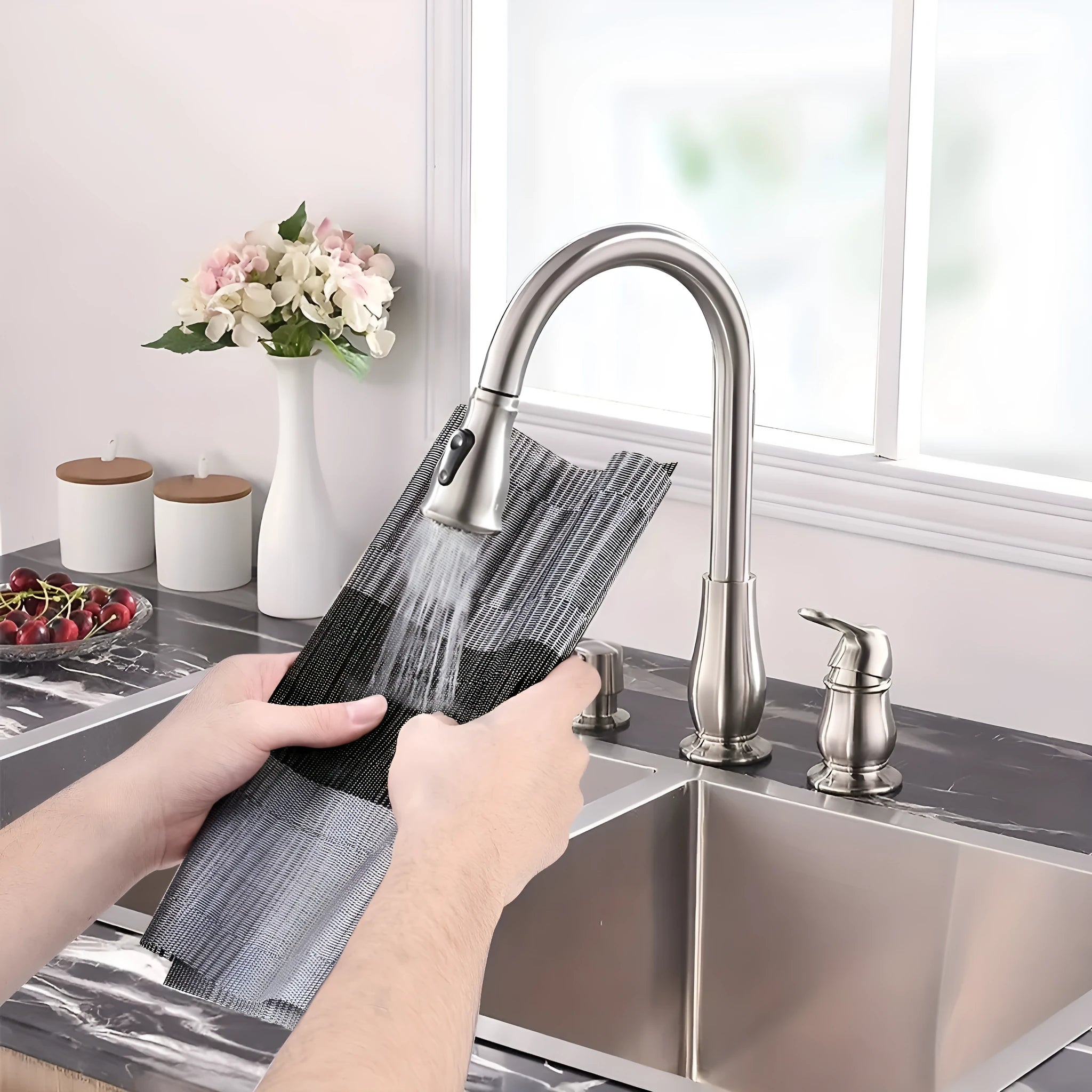 PVC non-slip sink mat in gradient bamboo colour on kitchen counter