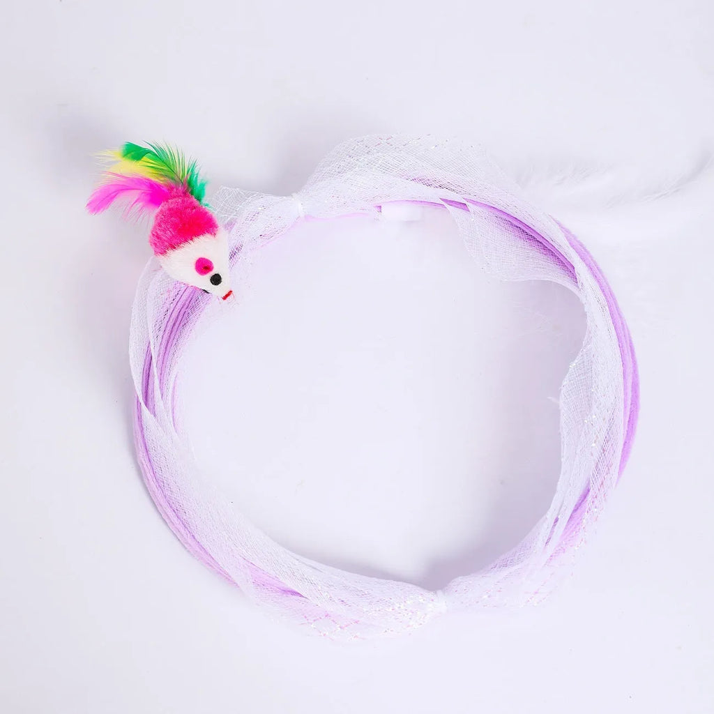S-shaped cat tunnel with steel frame, elastic net and interior feather danglers