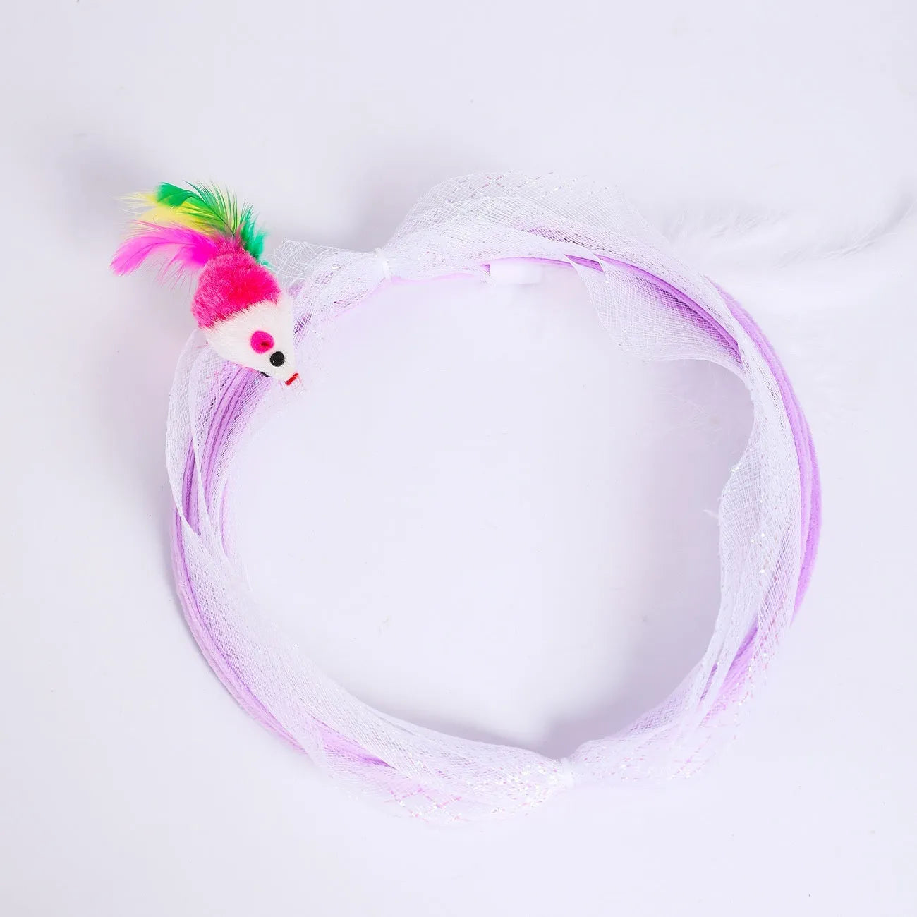 S-shaped cat tunnel with steel frame, elastic net and interior feather danglers