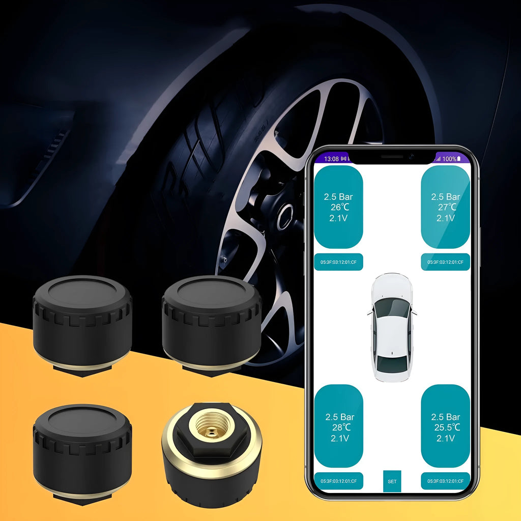 Black external Bluetooth tire pressure monitor sensor set of 4 with IP67 waterproof rating for car wheels