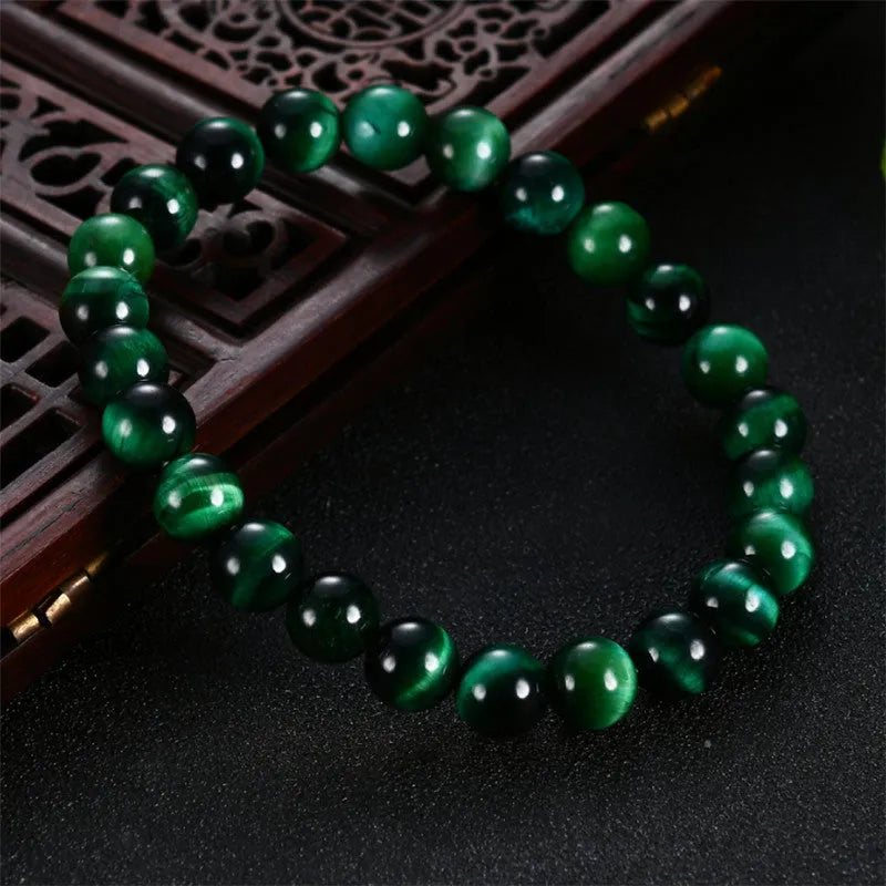 Natural green Tiger's Eye stone bracelet with geometric polished beads