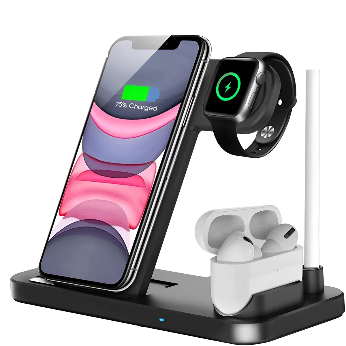 Folding 4-in-1 wireless charger in black showing vertical iPhone charging station mode with MagSafe attachment