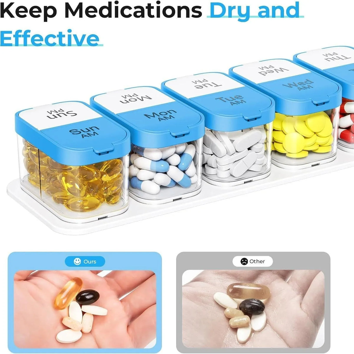 White and rainbow coloured extra large plastic pill organiser with 14 removable compartments.