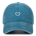 Retro baseball cap with embroidered heart design on front, adjustable back strap, dome crown