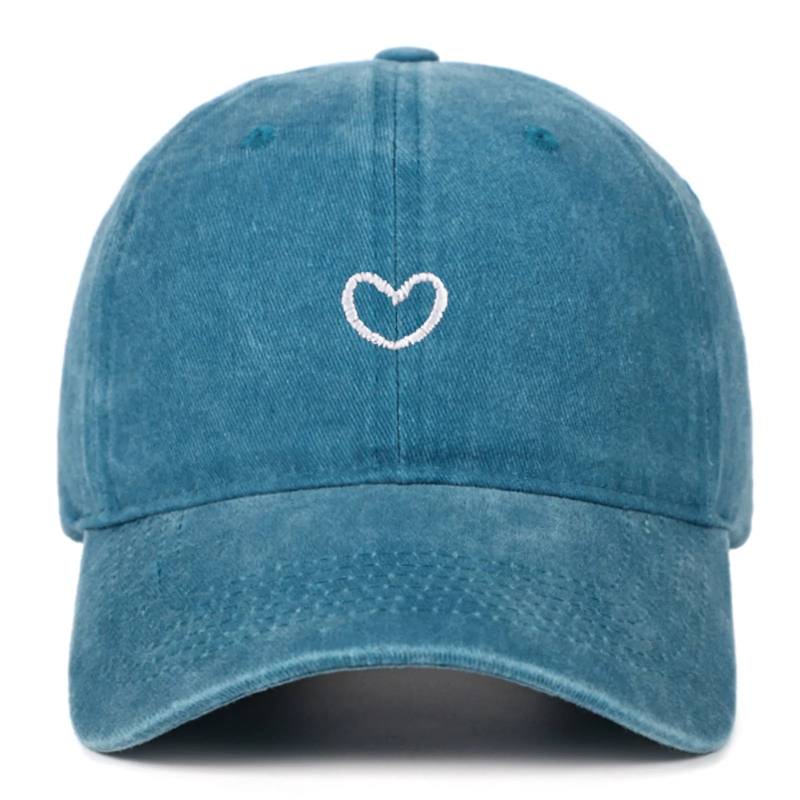 Retro baseball cap with embroidered heart design on front, adjustable back strap, dome crown