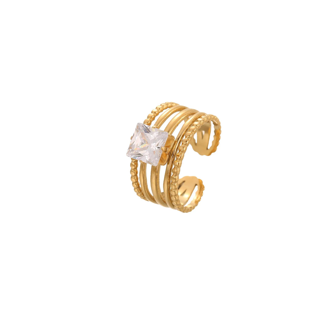 Gold plated adjustable ring with zircon stones in a geometric heart and drop shape design