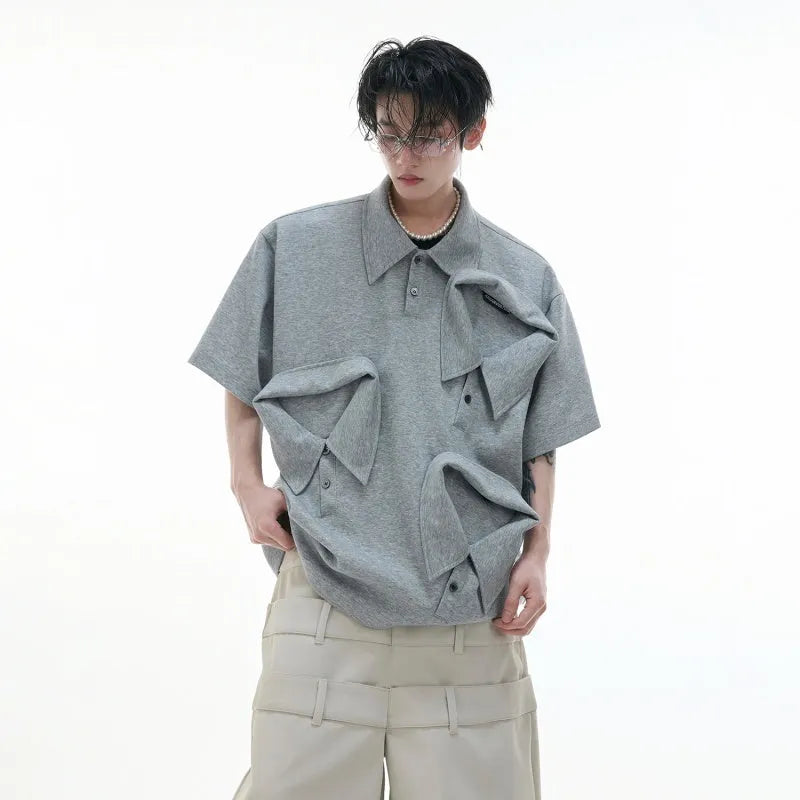 Men's geometric print polo shirt with deconstructed collar in loose fit