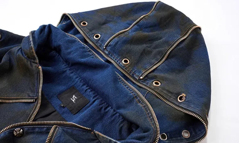 Blue polyester Korean-style hooded denim vest coat outfit with matching trousers on model