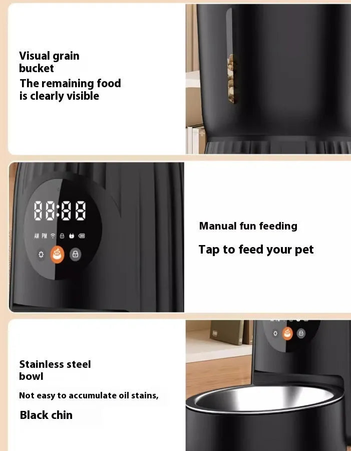 Black automatic pet feeder with digital display and food storage compartment
