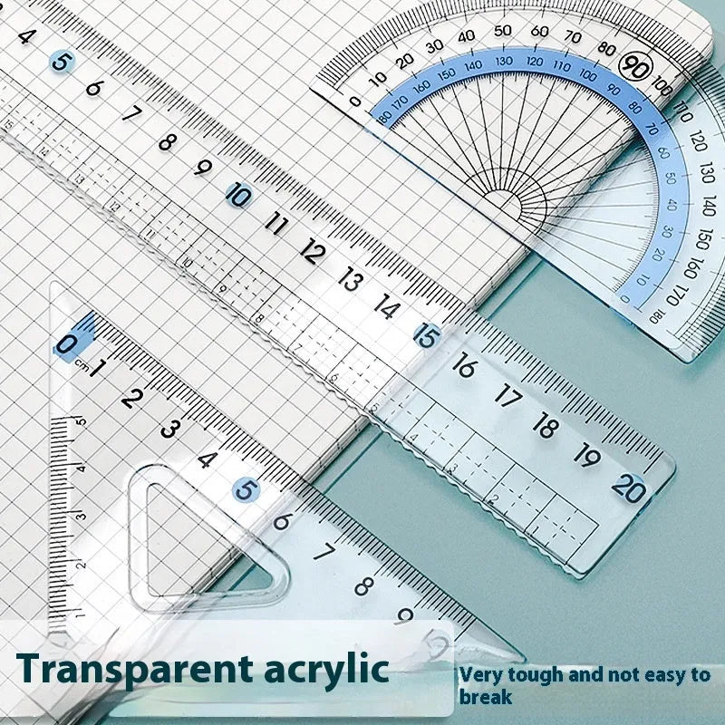 Transparent acrylic ruler set with square protractor for technical drawing and measurement