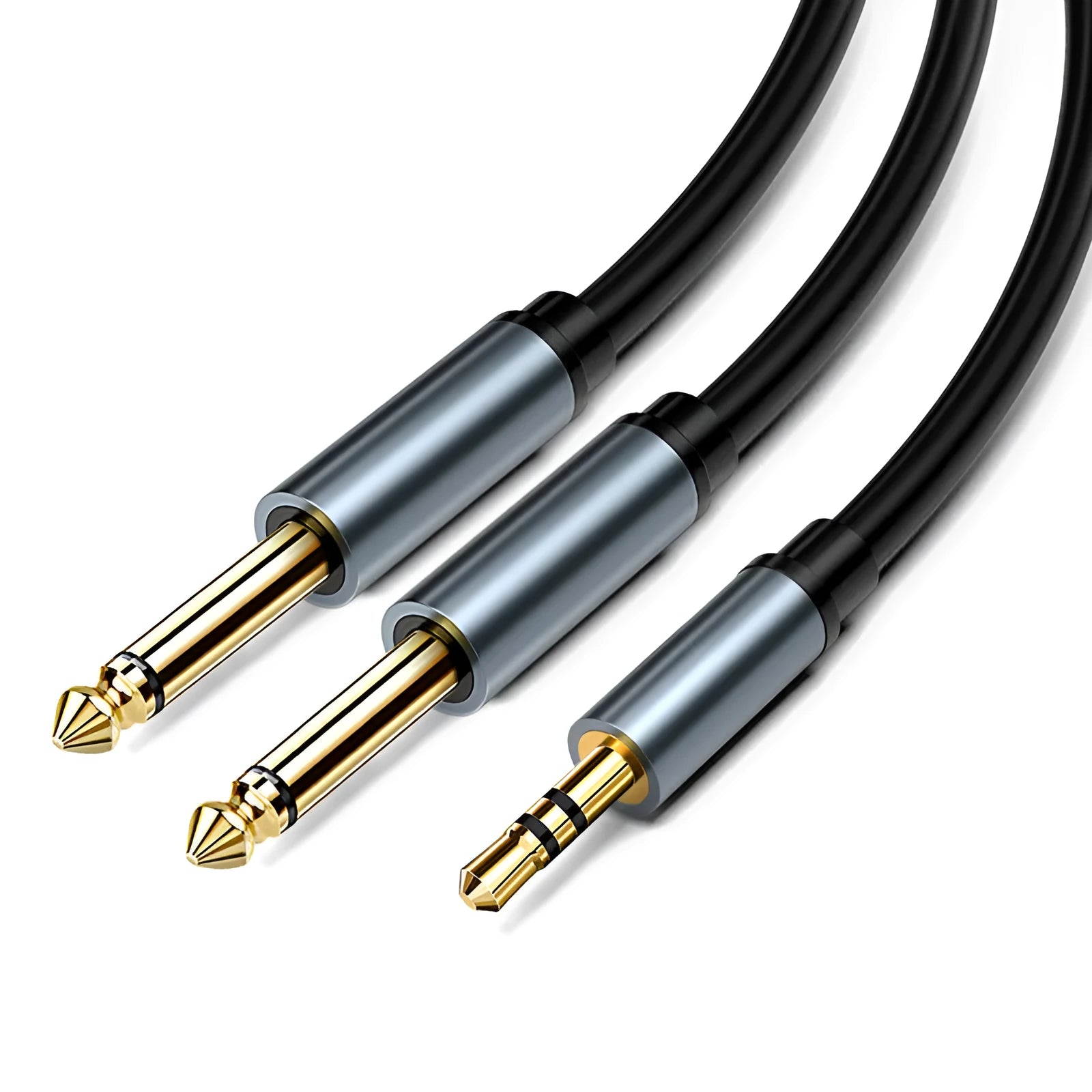3.5mm to dual 6.5mm audio cable with gold-plated connectors in black PVC finish