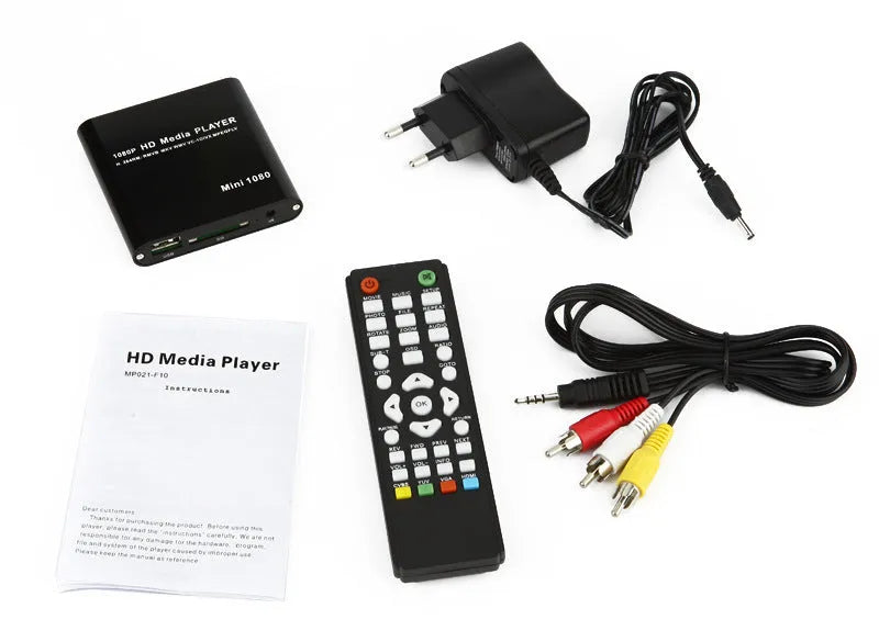 Compact black or blue 1080P Full HD media player with HDMI, SD, and USB ports