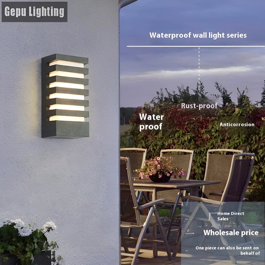 Minimalist aluminium outdoor wall lamp with IP55 waterproof rating and LED light source.