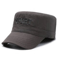 Cotton adjustable flat-top peaked cap for men in multiple colours with English letter detail.