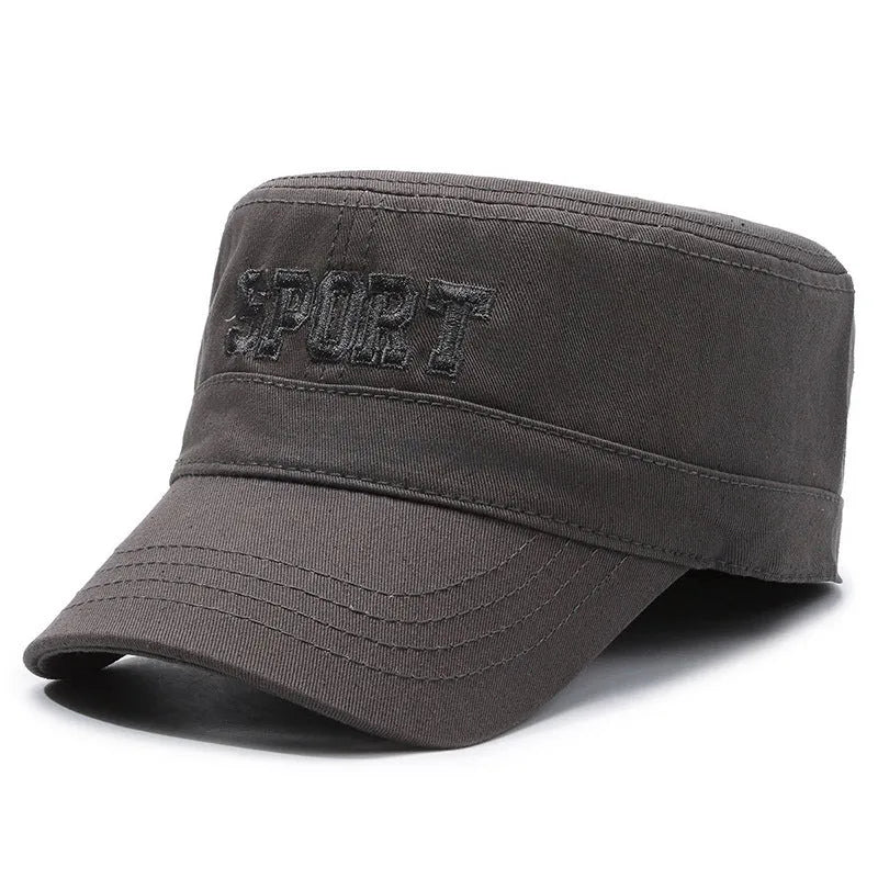 Cotton adjustable flat-top peaked cap for men in multiple colours with English letter detail.
