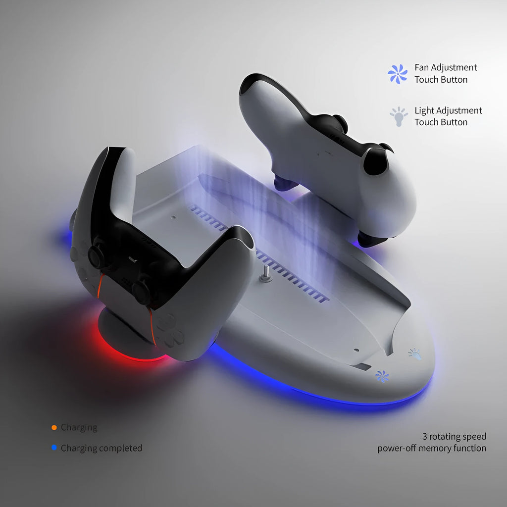 White PS5 Slim charging station with cooler fan and RGB ambient lighting on charging dock
