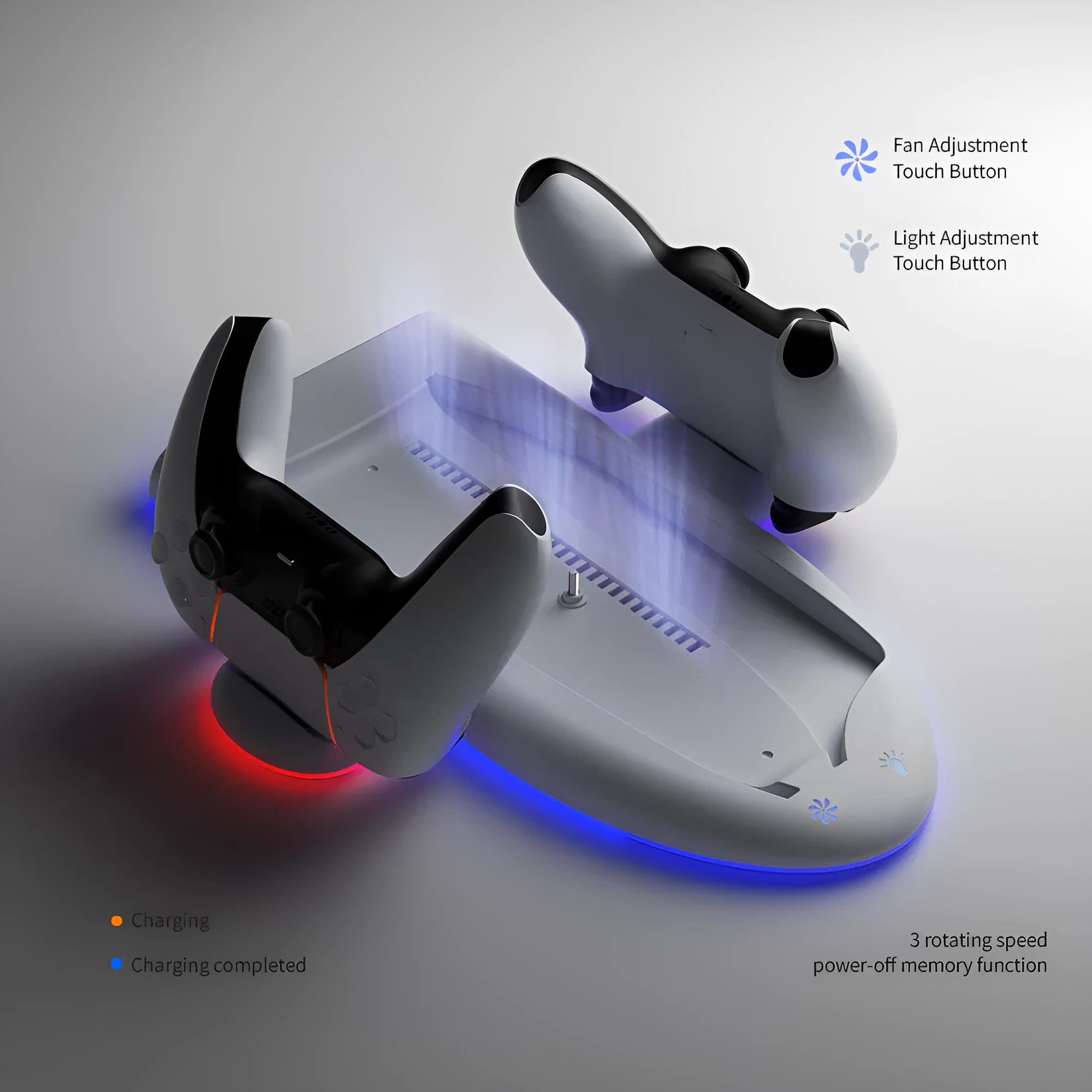 White PS5 Slim charging station with cooler fan and RGB ambient lighting on charging dock
