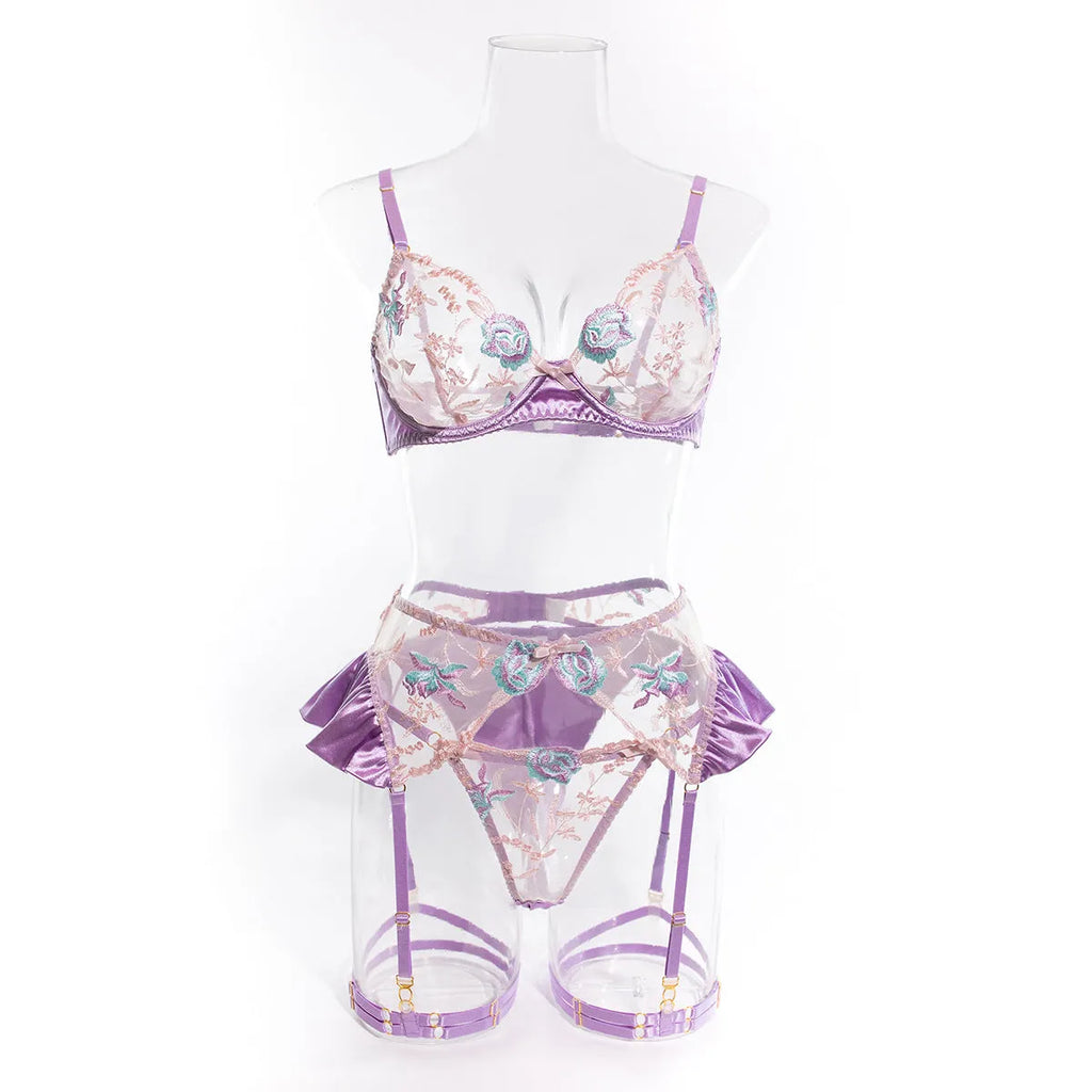 Light purple satin lingerie four-piece set with embroidery detailing and champagne colour option