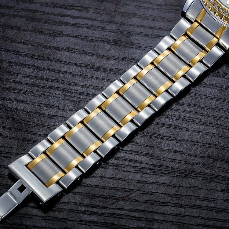 Automatic mechanical watch with luminous markers on black dial in gold case, side view showing 13mm thickness