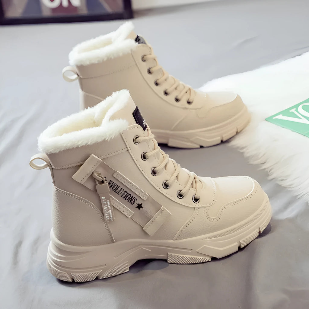 Women's plus size tall snow boots with lace-up front and fleece lining in khaki colour