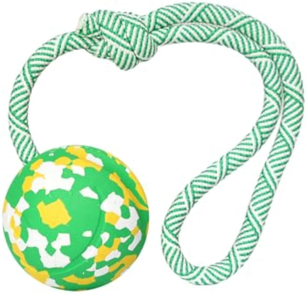 Natural rubber dog ball on a nylon rope for fetch and tug games with a medium dog