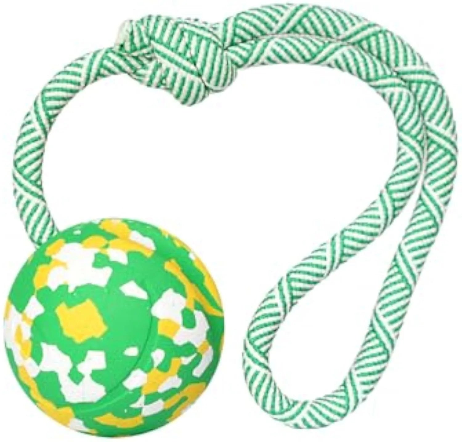 Natural rubber dog ball on a nylon rope for fetch and tug games with a medium dog