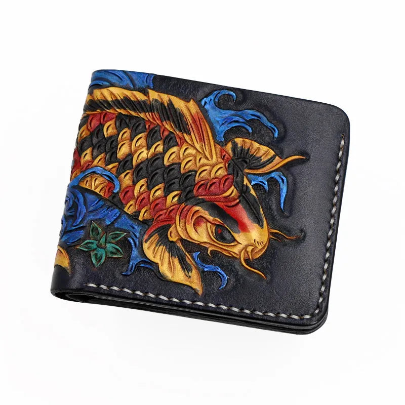 Men's hand-carved cow leather short wallet in red, blue, or gold, showing open design and compact size.