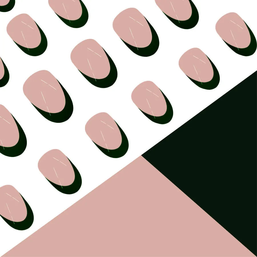 Set of 24 short almond coffin shaped press-on nails with black French tips on a white base.