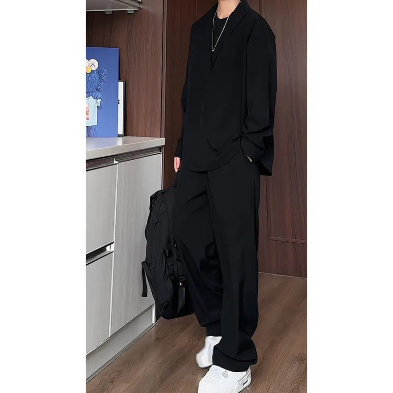Men's black casual polo shirt and trousers two-piece suit set with slim fit design