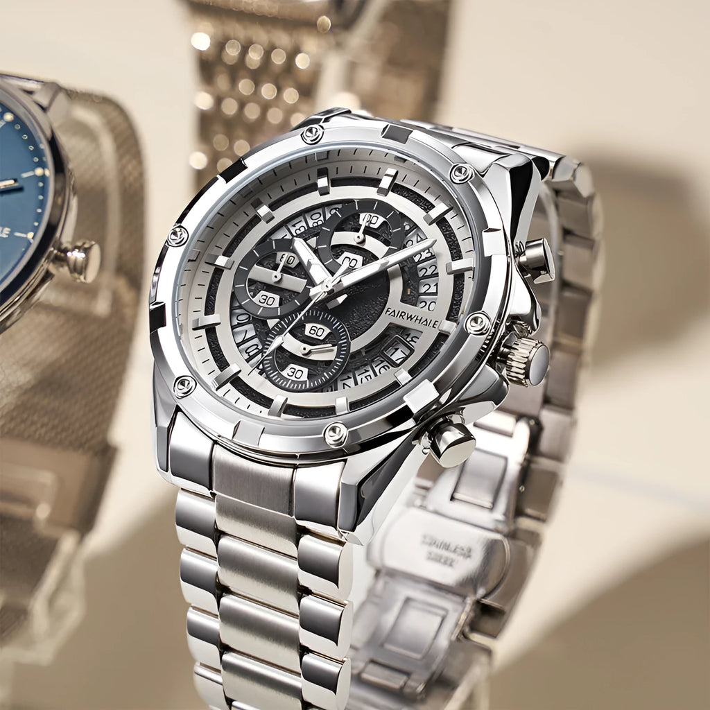 Men's waterproof luminous quartz watch with a steel belt, shown in black, blue, gold, and silver colour options.