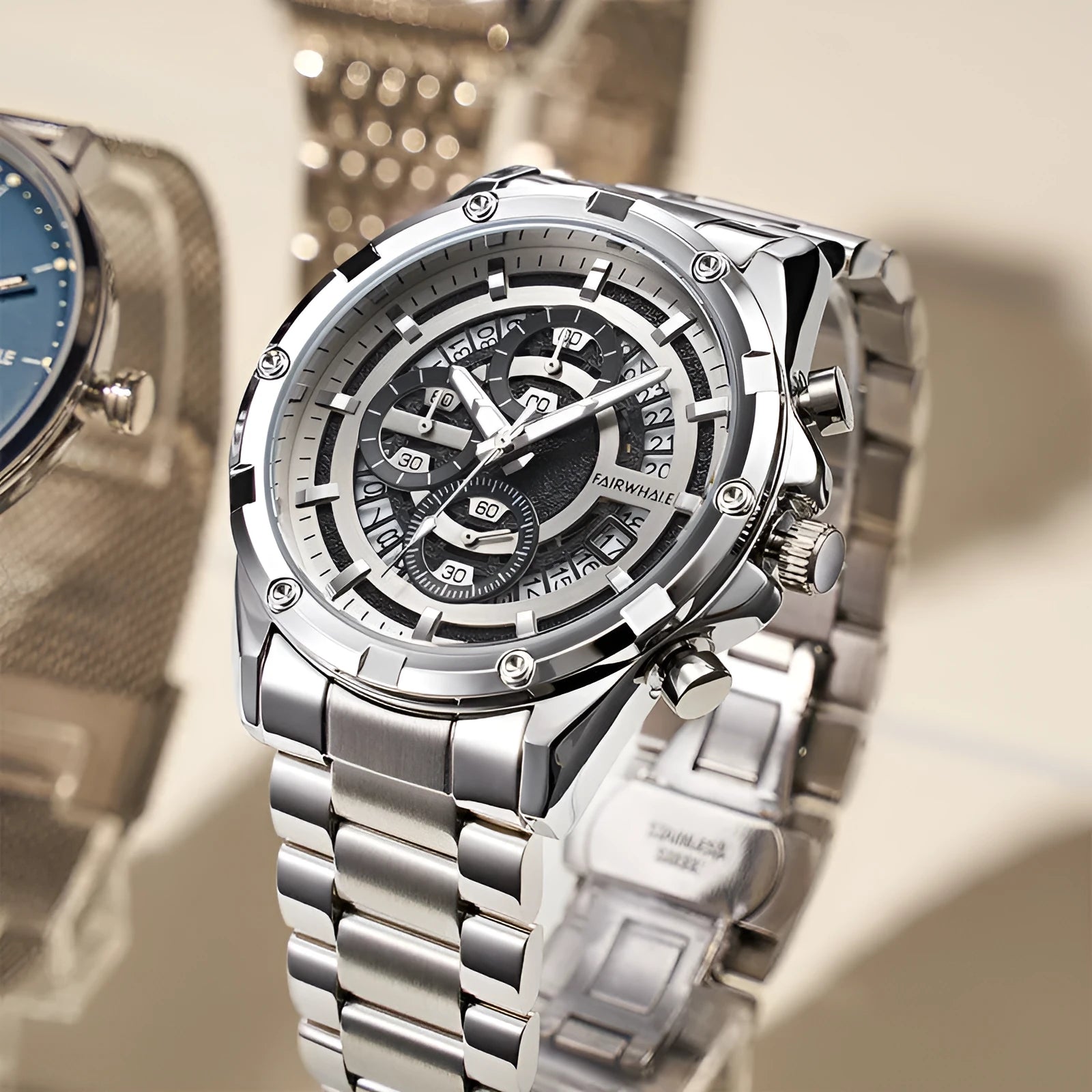 Men's waterproof luminous quartz watch with a steel belt, shown in black, blue, gold, and silver colour options.
