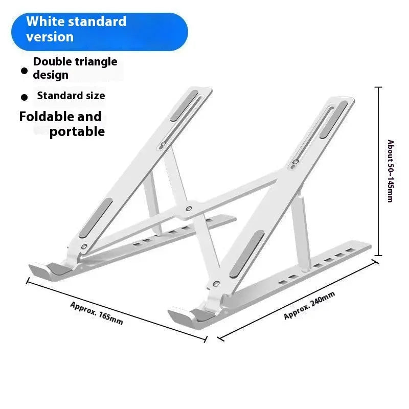 Folding aluminium laptop stand in silver finish showing cooling design for 16-18 inch notebooks