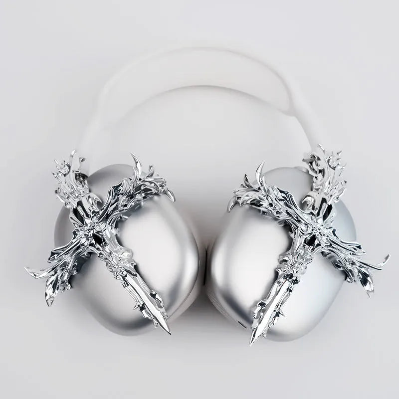 Gothic cross design hard resin cover for Apple AirPods Max headphones in silver colour