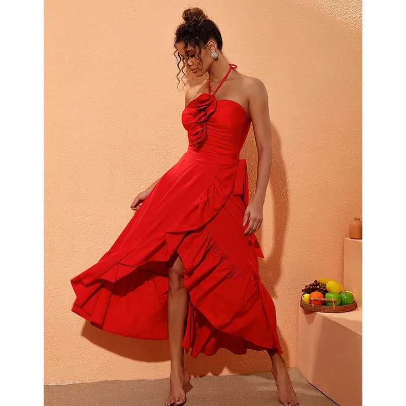 Red women's V-neck one-piece swimsuit with detachable flower and separate skirt piece