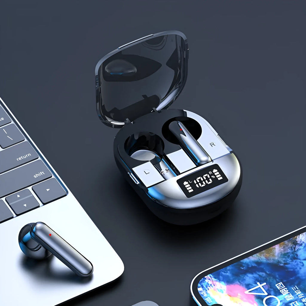 Black and white wireless Bluetooth in-ear headset with charging case showing digital display screen