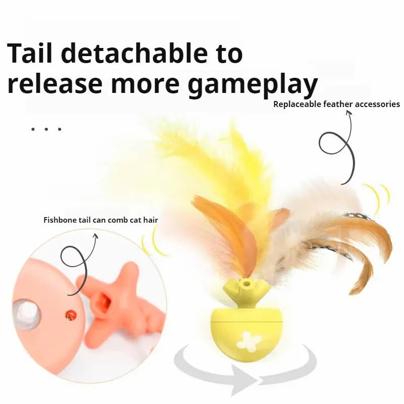 USB electric cat teasing ball toy with attached stick on a floor, available in blue, pink, and yellow.
