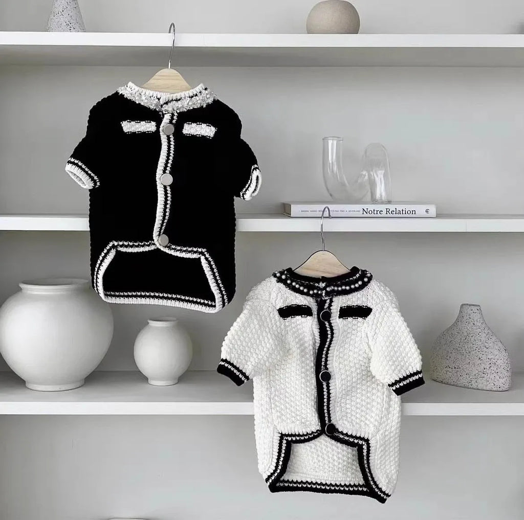 Korean style white pearl collar dog sweater on small dog showing princess design