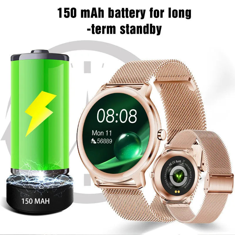 Women's waterproof smart watch with stainless steel band and 1.3 inch touch screen display