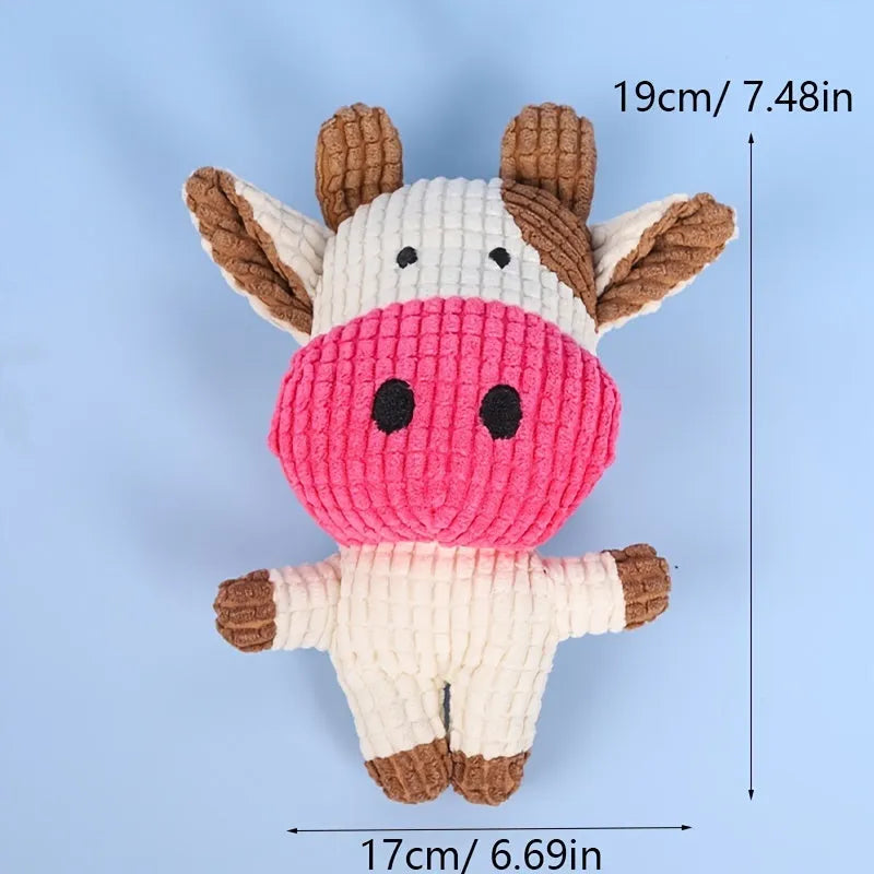 Animal-shaped plush dog chew toy with squeaker, available in multiple colours.