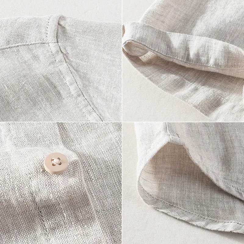 Men's light brown linen shirt with a square collar and short sleeves, shown on a hanger.