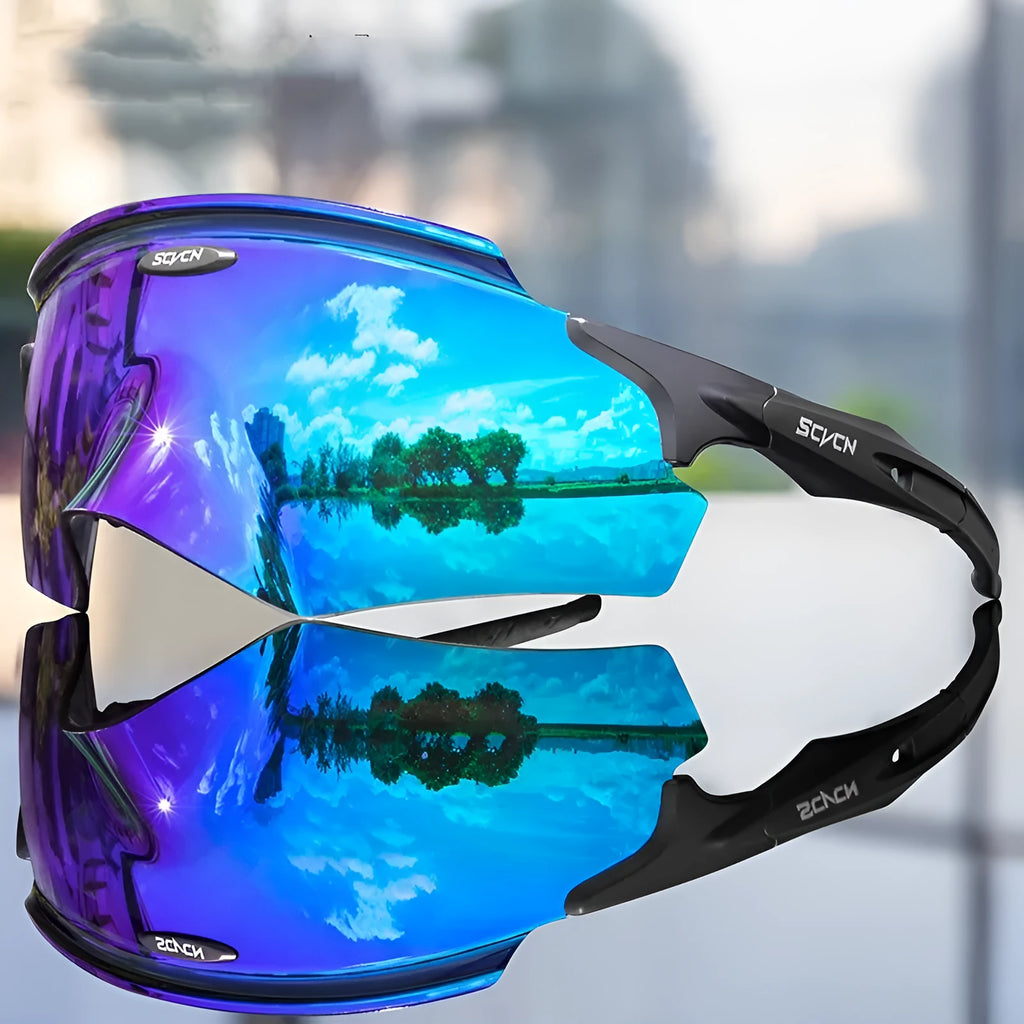 Frameless windproof athletic glasses with a colourful integrated lens for sports.