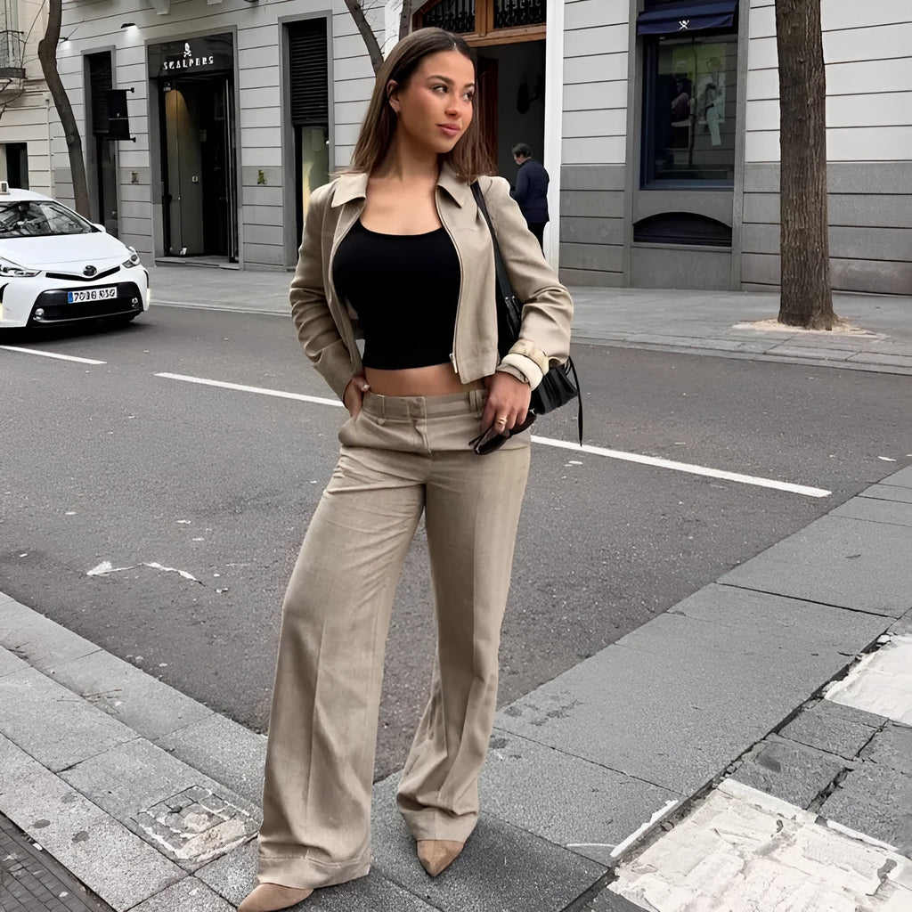 Women's black summer suit set with herringbone pattern and 3D embroidery on jacket and trousers