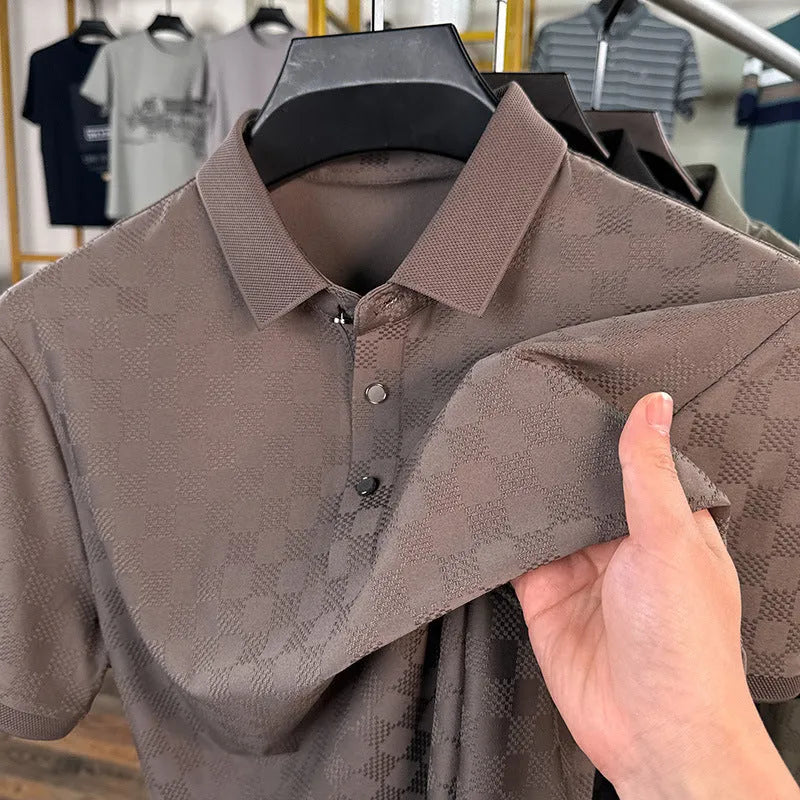 Rhombus thin ice silk short sleeve t-shirt in black showing slit detail on a hanger.