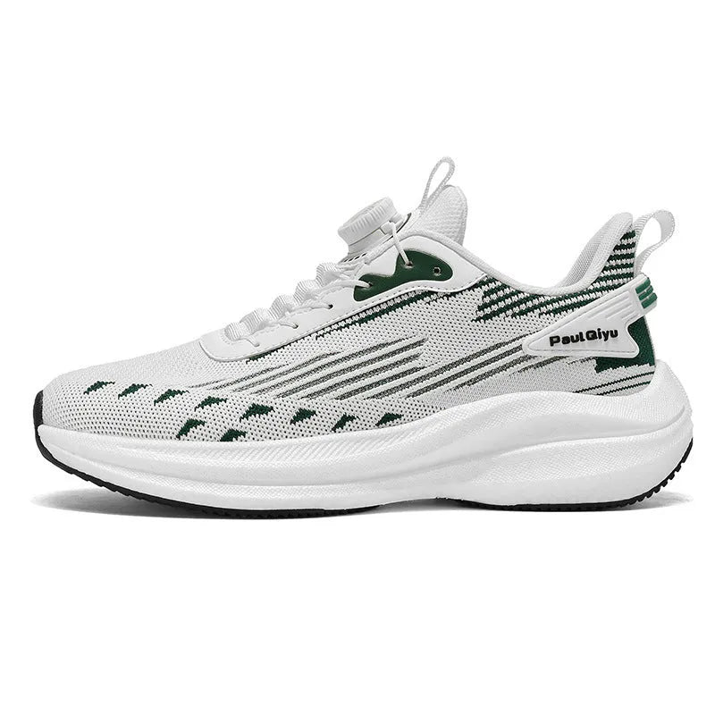 Men's black casual sports shoes with rotating buckle closure and mesh upper on a TPU sole.