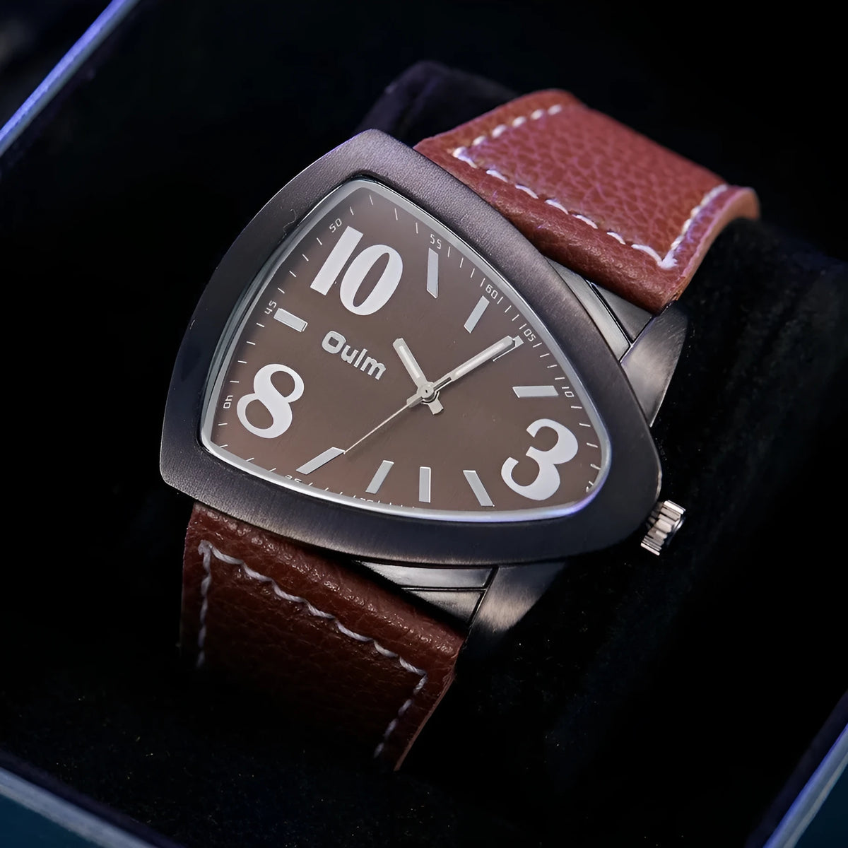 Men's casual watch with triangle belt strap in brown, shown from the side highlighting its 9mm thickness.